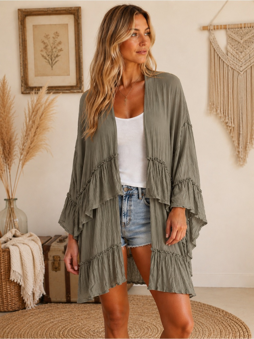 Anna & Ava Olive Green Layered Kimono Boho Aesthetic